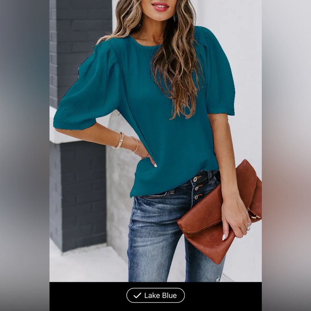 Short Sleeve Blouse, Crew Neck Casual lake blue size 12 / XL never worn.